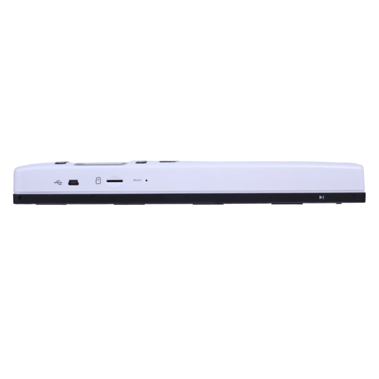Portable handheld document scanner side view with buttons and indicator lights, white.