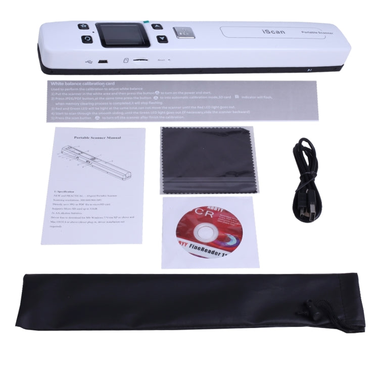 Handheld document scanner kit with white scanner, accessories, instruction papers.