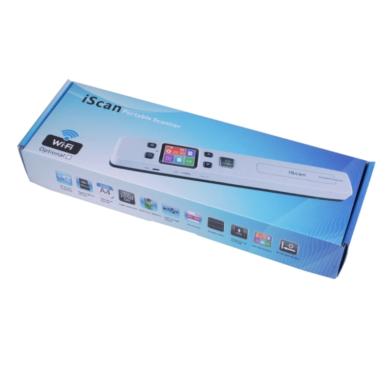 Retail box for portable handheld document scanner, blue package with product image.