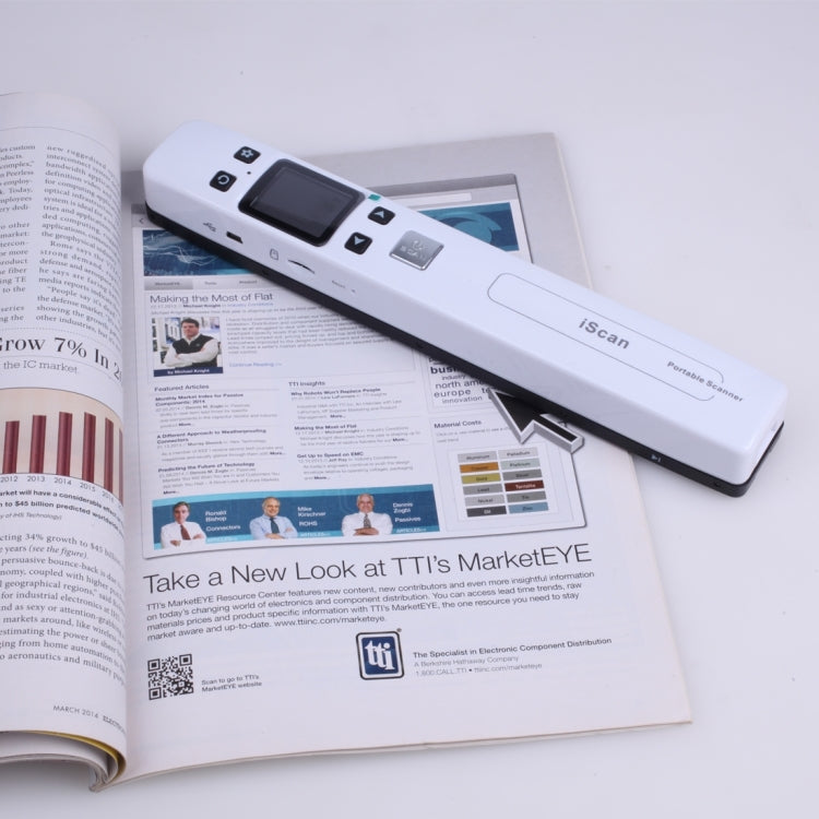 White handheld document scanner placed over an open printed page.