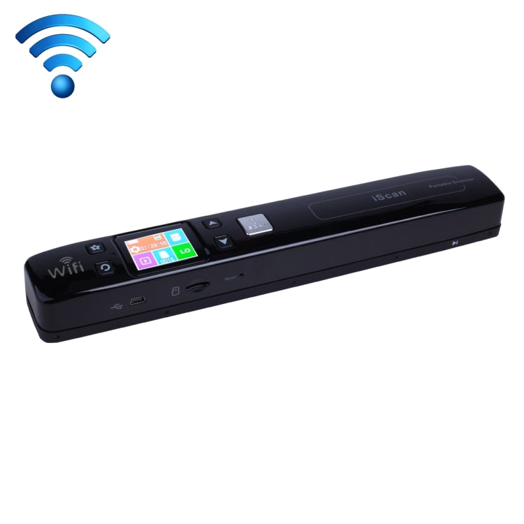 Black portable WiFi document scanner with control buttons and color LED screen