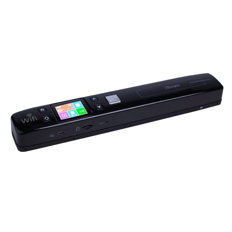 Black handheld WiFi document scanner, top panel with display and function controls