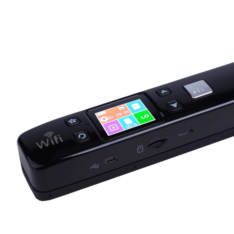 Black portable WiFi document scanner close-up of color display and navigation buttons