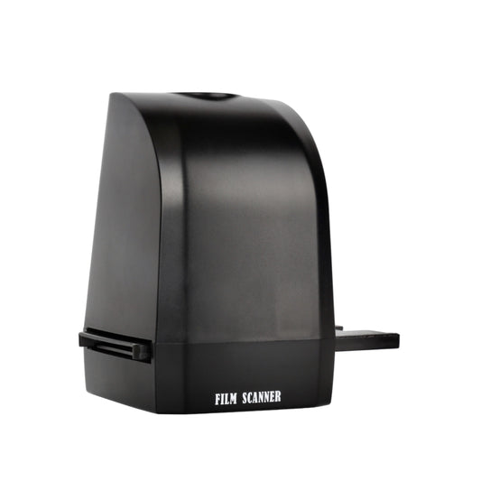 Black film scanner side view with film slot and base