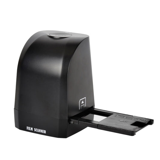 Black film scanner with open slide tray and film loading slot