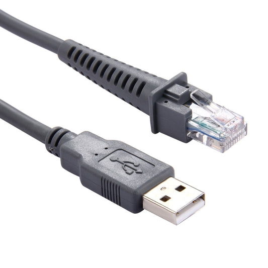Close-up of USB-A to RJ45 cable ends, gray connectors and clear RJ45 plug
