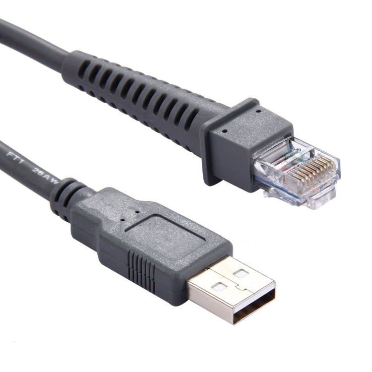 Close-up of USB-A and RJ45 connectors on a gray serial data cable