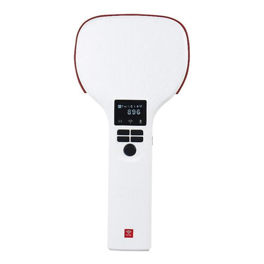 White handheld UHF RFID Bluetooth reader with red-trim antenna and black control panel