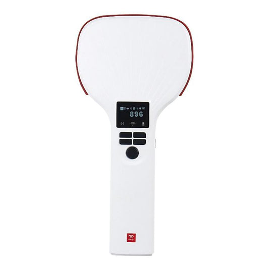 White handheld UHF RFID reader with red rim, screen, and scan buttons