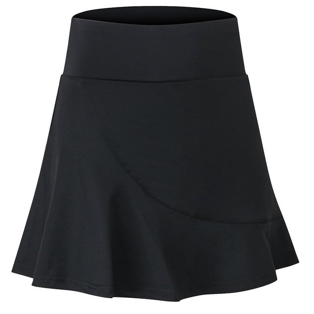 Black quick-dry flared mini skirt with curved crossover seam across the front