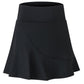 Black athletic flared mini skirt front view with wide waistband and drape panel