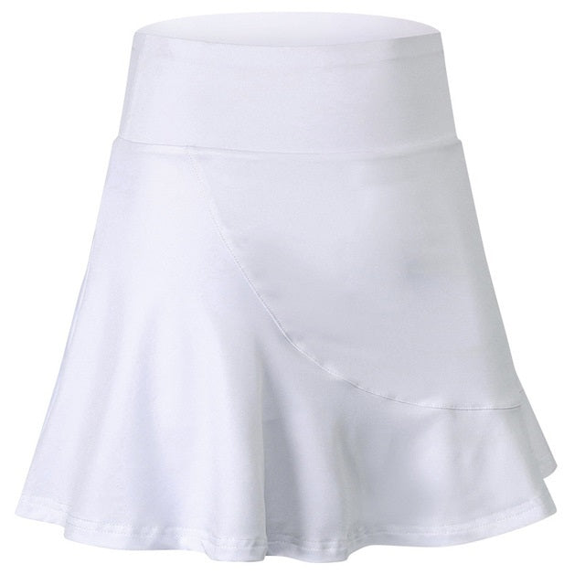 White mini sports skirt with layered diagonal seam and swing hem