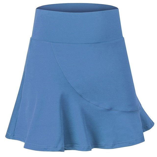 Women's blue A-line sports skirt featuring elastic waistband and curved side seam