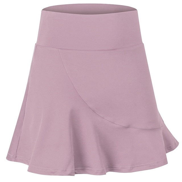 Women's petal pink A-line sports skirt with elastic waistband and curved seam detail