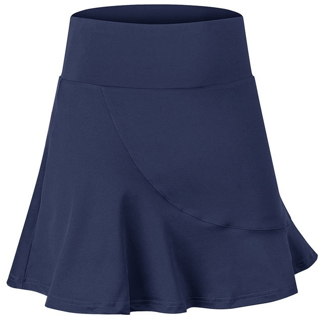 Women’s quick-drying A-line sports skirt, navy blue with wide waistband and flared hem
