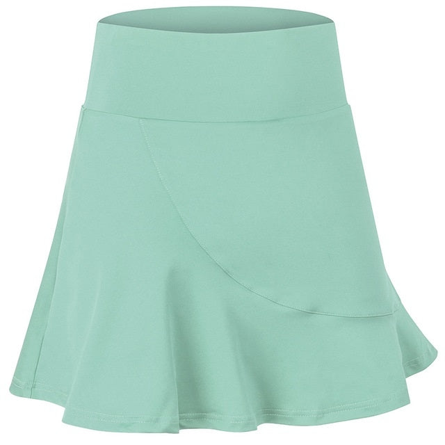 Women’s teal sports skirt with wide waistband and flared A-line hem