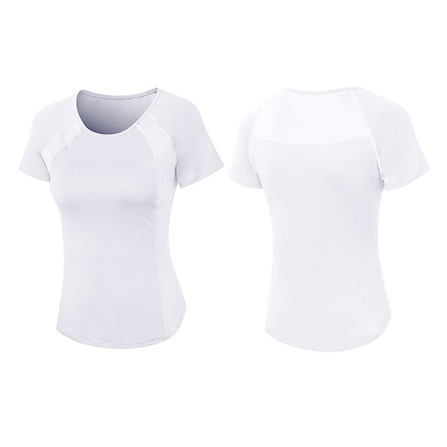 Women’s fitted round-neck short-sleeve T-shirt, white, front and back views