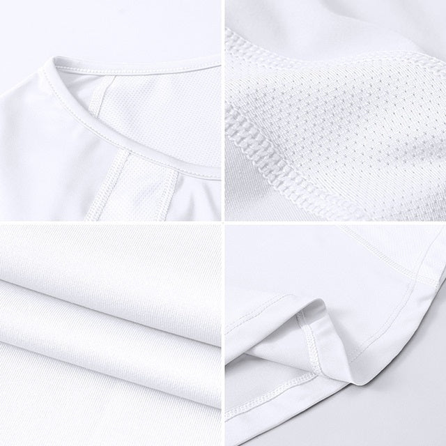 Women’s white fitted short-sleeve T-shirt close-up of neckline and textured fabric