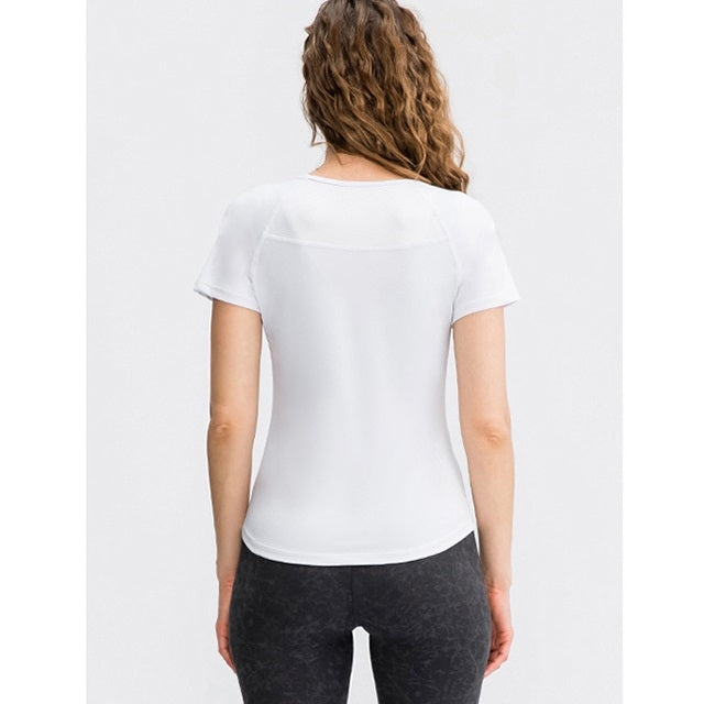 Women’s fitted short-sleeve T-shirt, round neck, white, back view