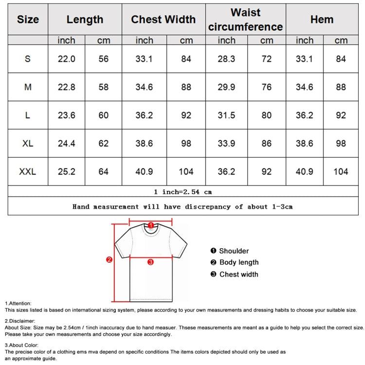 T-shirt size chart with measurements by size S to XXL
