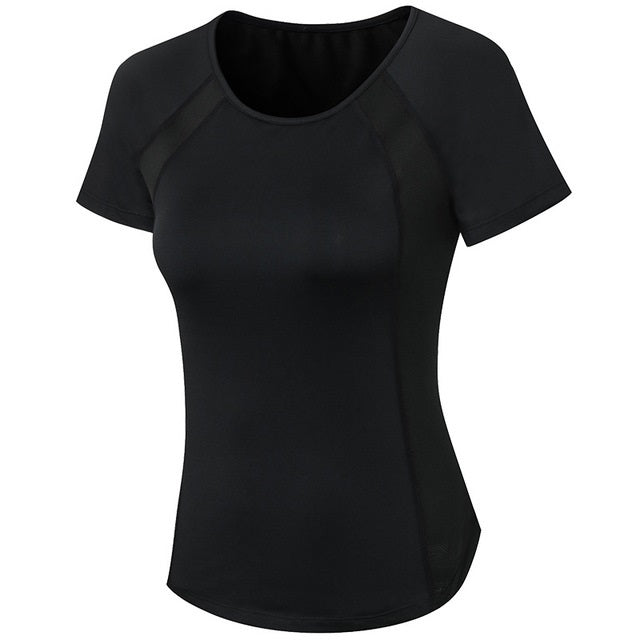 Ladies sports t-shirt, black, short sleeves, round neck, contrast raglan panels