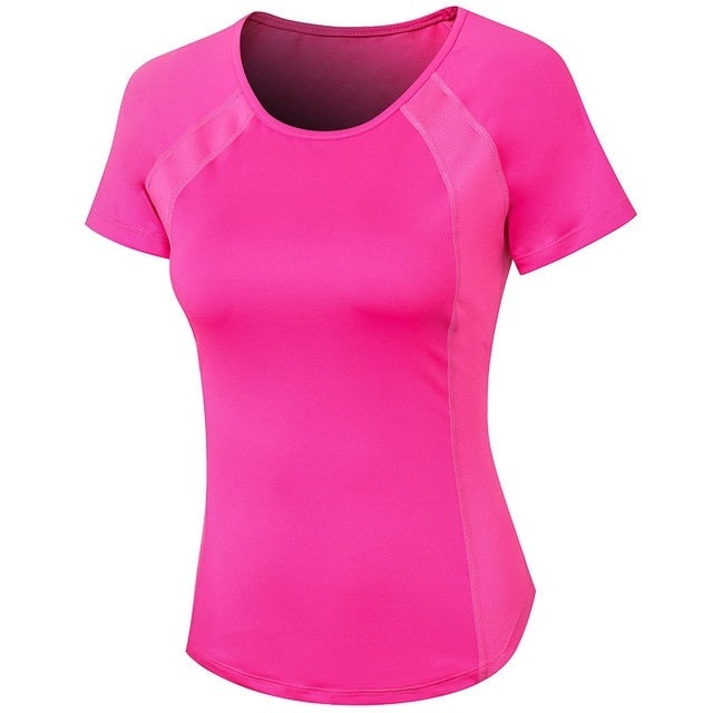 Women's fitted athletic t-shirt in rose red with contrast raglan sleeves