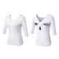 White yoga top with scoop neck, side/back cutout detail, 3/4 sleeves