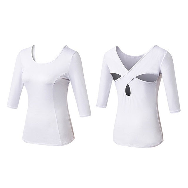 White yoga top with scoop neck, side/back cutout detail, 3/4 sleeves
