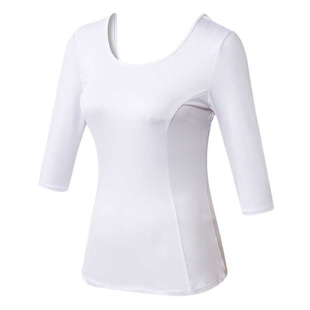 White fitted yoga sports top with 3/4 sleeves and scoop neckline