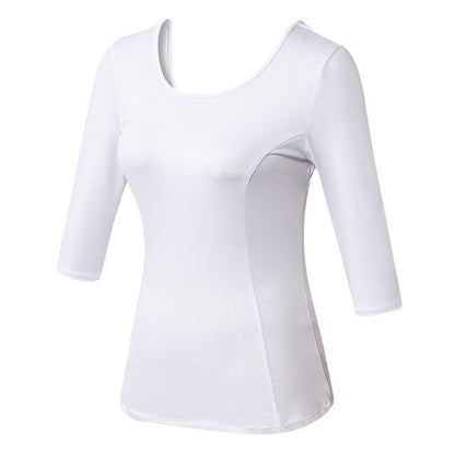 White fitted yoga sports top with 3/4 sleeves and scoop neckline