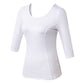 Women’s yoga sports top, white, scoop neck, 3/4 sleeves, fitted medium-length