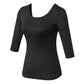 Black fitted yoga top with 3/4 sleeves and scoop neckline
