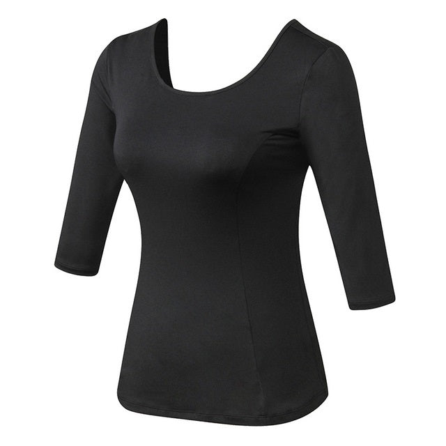 Women’s yoga sports top, black, scoop neck, 3/4 sleeves, fitted medium-length