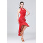 Red sleeveless halter Latin dance dress with fringe tassel overlays