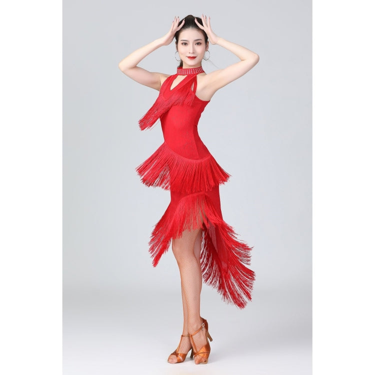 Red halter neck dance dress with tiered tassel hem and irregular layers