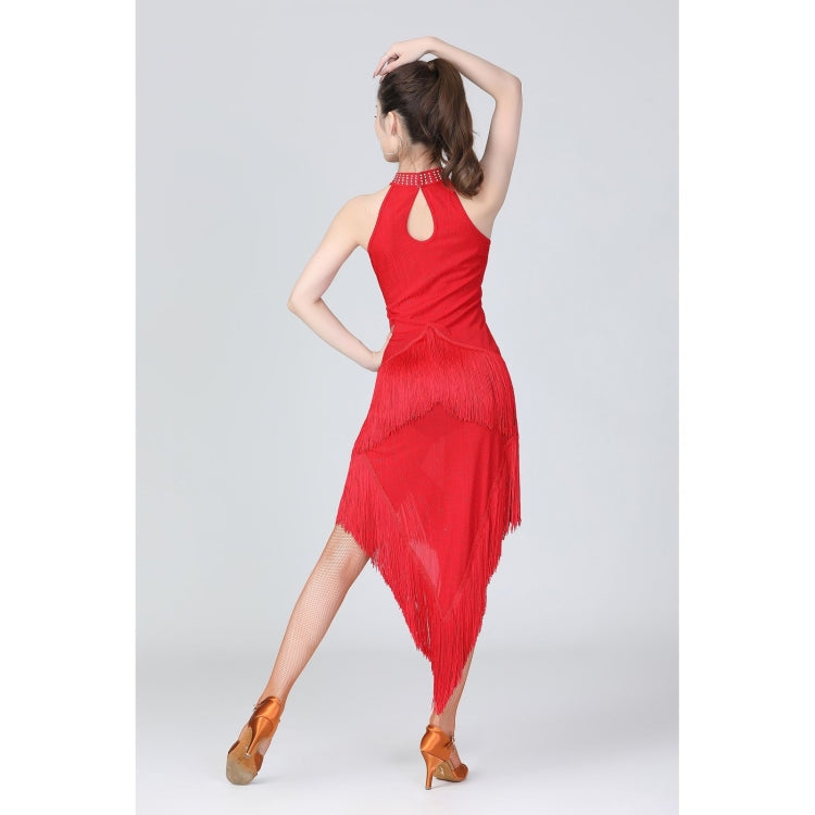 Red halter neck dance dress with keyhole back cutout and tassel fringe