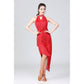 Red halter neck dance dress with high collar and cascading tassel fringe skirt