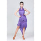 Purple halter neck Latin dress with layered tassel fringe and high asymmetrical hem