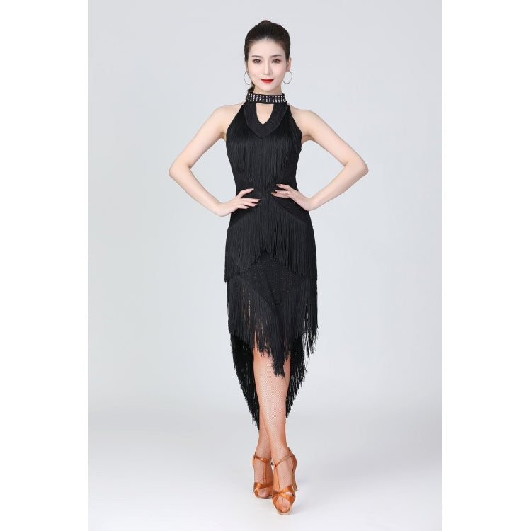 Black halter neck dance dress with beaded fringe neckline and layered tassel skirt
