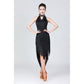 Black halter neck Latin dress with layered fringe and pointed asymmetrical skirt
