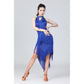 Royal blue halter neck dance dress with layered tassel fringe and asymmetrical skirt