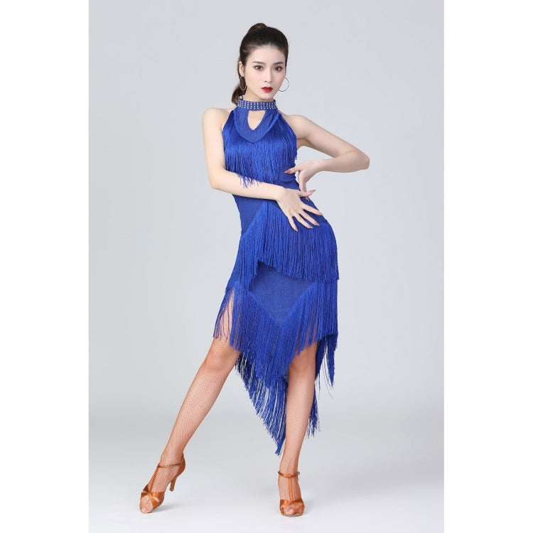 Royal blue halter neck Latin dress with layered tassel tiers and high slit
