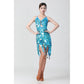 Turquoise-blue sequin Latin dance dress with deep V and dangling fringe