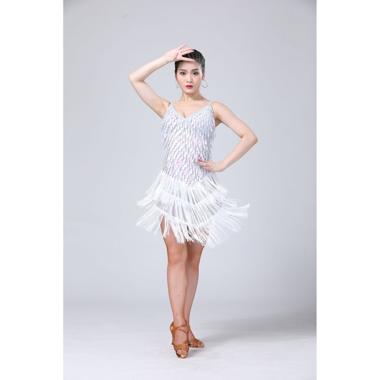 White fringed sequin V-neck Latin dance dress with layered tassel skirt