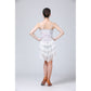 White fringed sequin Latin dance dress shown from the back with thin straps