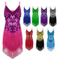 Assorted fringed sequin dress colors: pink, blue, green, purple, black, red, gold
