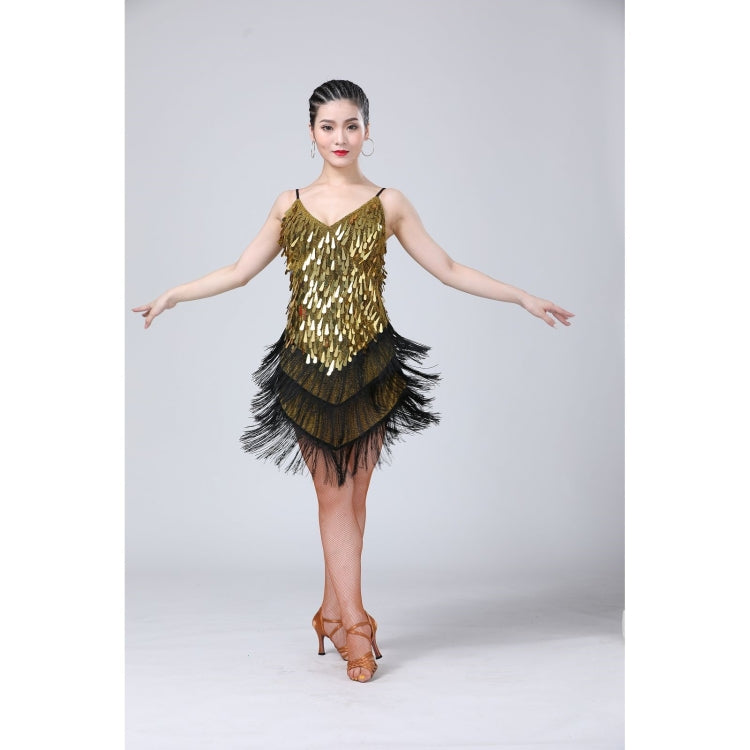 Gold and black fringed sequin Latin dance dress with V-neck straps
