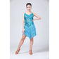 Turquoise fringed sequin Latin dance dress with spaghetti straps and tiered hem