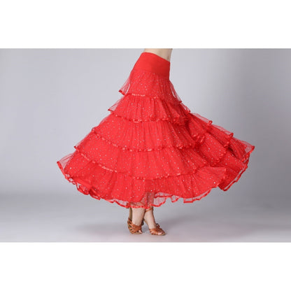 Red sequin swing dance long skirt with layered ruffles