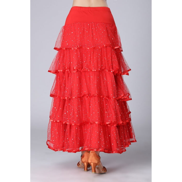 Red sequin swing dance long skirt, back view with tiered ruffles